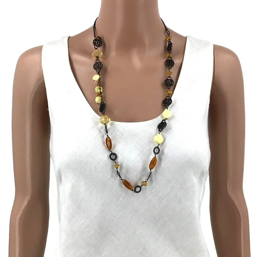 Coldwater Creek Necklace Antique Gold Tone Cream Golden Beads 32 Inch Length